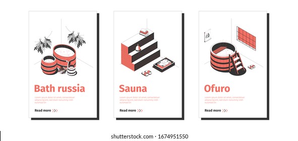 Isometric composition of three banners with sauna ofuro and russian bath interior 3d isolated vector illustration