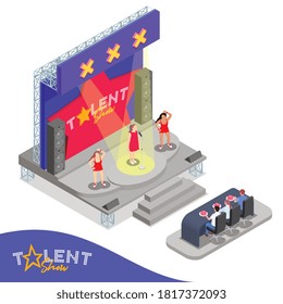 Isometrische Komposition mit drei Frauen, die auf Talentshow vor Jury 3D Vektorgrafik spielen