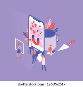 Isometric composition with tiny men and women and giant smartphone, cup and paper plane. Social media and network tools for internet marketing, promotion. Modern colored vector illustration.