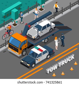 Isometric composition with tow truck carrying illegally parked car, policeman talking with woman vector illustration