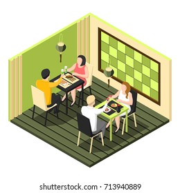 Isometric composition with two couples having dinner at sushi bar on white background 3d vector illustration