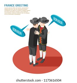 Isometric composition with two french people in national costumes greeting each other 3d vector illustration