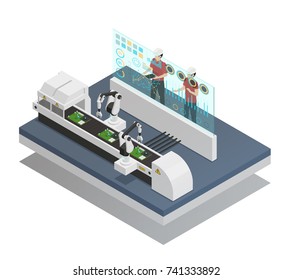 Isometrische Komposition mit zwei Männern in Augmented-Reality-Brille, die Roboter in der Nähe der Fließlinie 3d Vektorgrafik ansehen