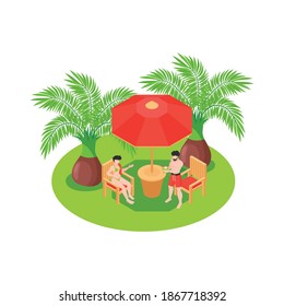 Isometric composition with two people in swimsuits relaxing under umbrella at resort 3d vector illustration