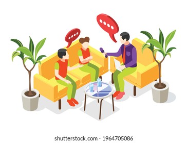 Isometric composition with two teens participating in tv quiz show on white background 3d vector illustration