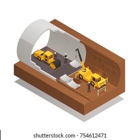 Isometric composition with underground tunnel construction process on white background 3d vector illustration