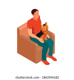 Isometric composition with view of man sitting on chair with dog vector illustration