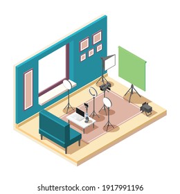 Isometric composition of vlogging studio with equipment for shooting video 3d vector illustration