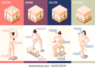 Isometric composition with woman doing different hair removal procedures 3d isolated vector illustration
