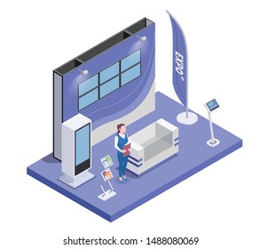 Isometric composition with woman and expo stand with monitor and handouts 3d vector illustration