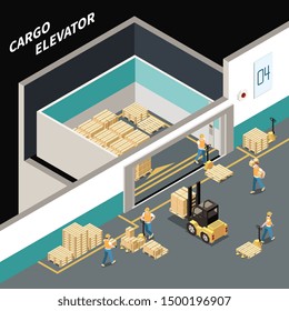 Isometric composition with workers loading cargo into big elevator 3d vector illustration