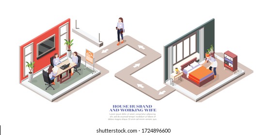 Isometric composition with working wife going to office and house husband making bed 3d vector illustration