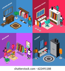 Isometric Compositions With Mannequins In Clothing Near Dressing Tables And Wardrobe Mirror And Carpet Isolated Vector Illustration