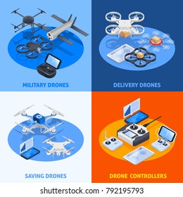 Isometric compositions with military unmanned aircrafts, drones for delivery and rescue, uav controllers isolated vector illustration