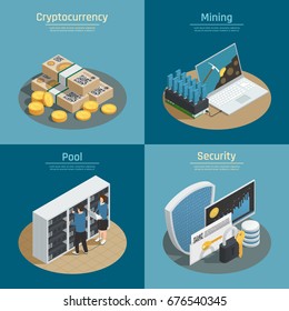 Isometric compositions with mining of cryptocurrency, coins and banknotes, pool of system users, security isolated vector illustration