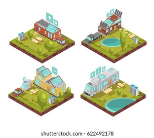 Isometric compositions with mobile house, roof solar panels, technologies icons at campsite in summertime isolated vector illustration   
