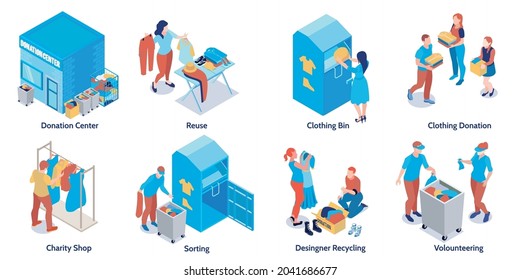 Isometric compositions set with donation centre charity shop people sorting reusing recycling donated clothes 3d isolated vector illustration