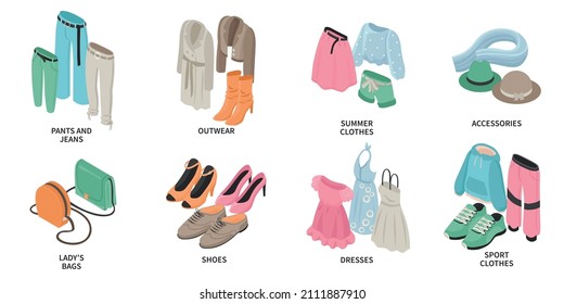 Isometric compositions set with fashion female outwear summer and sport clothes accessories shoes dresses isolated 3d vector illustration