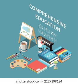 Isometric comprehensive education composition with student playing piano books stationery and tools for various school subjects 3d vector illustration