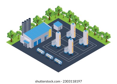 Isometric compressed gas composition with isolated view of outdoor area with vertical tanks and industrial building vector illustration