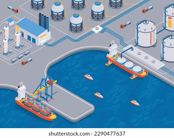 Isometric compressed gas composition with outdoor view of marine terminal with containers gas tanks and ships vector illustration