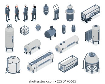 Isometric compressed gas people set of isolated icons with industrial storage tanks and characters of workers vector illustration