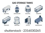 Isometric compressed gas set of isolated compositions with icons of industrial transport and underground storage tanks vector illustration