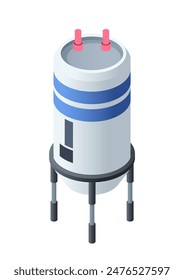 Isometric compressed gas storage tank. Icon with vertical type industrial barrel with liquefied gas, propane or butane under high pressure. 3D vector illustration isolated on white background
