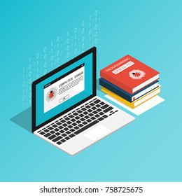 isometric computer bug error notification popup,debugging book vector