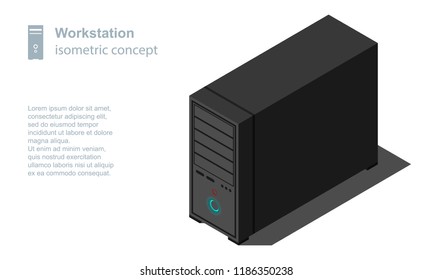 Isometric computer case vector illustration isolated on white background. PC workstation icon.