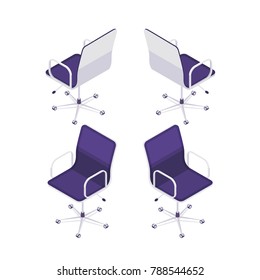 Isometric computer chair isolated on white background. 3d armchair, front view and rear view. Element of office furniture. Vector illustration.