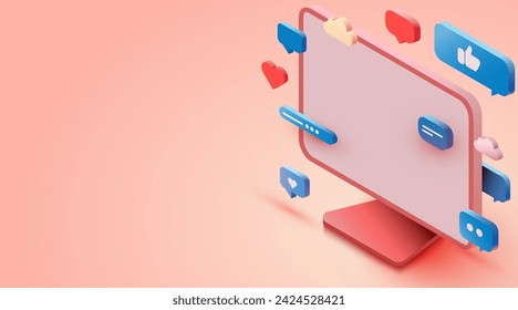 Isometric computer with chat bubbles. Vector illustration