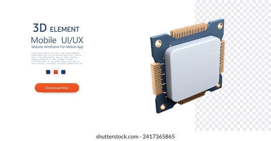 Isometric Computer Chip Heat Sink. 3D a CPU cooler with heat pipes. Detailed illustration of an advanced CPU cooler, featuring a heat sink and cooling fins, ideal for technology and computing design