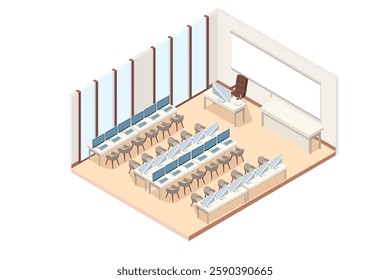 Isometric computer classroom with rows of desks. Educational IT lab with multiple PC workstations. White desks with monitors. School computer lab with systematic layout. Vector illustration.