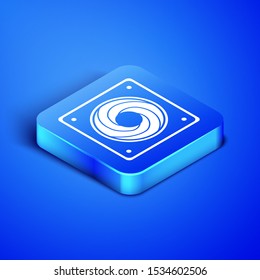 Isometric Computer cooler icon isolated on blue background. PC hardware fan. Blue square button. Vector Illustration