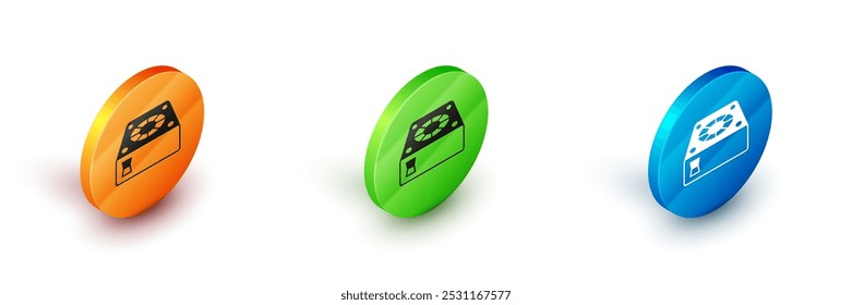 Isometric Computer cooler icon isolated on white background. PC hardware fan. Circle button. Vector