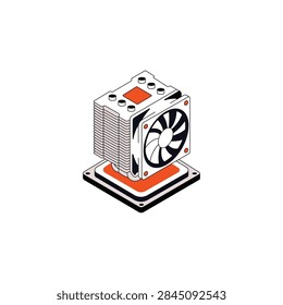 Isometric computer cpu air cooler with heatsink and fan