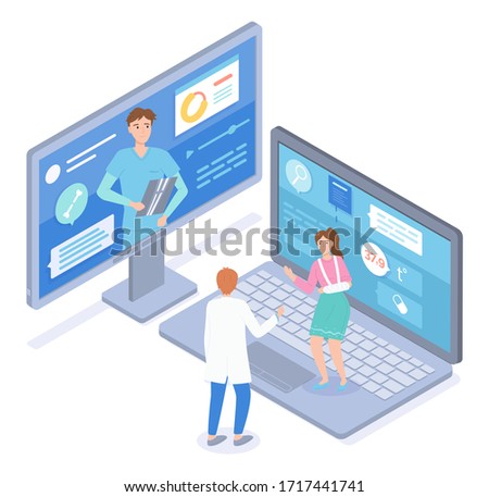 Isometric computer display, laptop with website. Woman patient with broken hand in gypsum consulting with two sawbones, surgeon through online medical cabinet. Concept of virtual medicine at distance