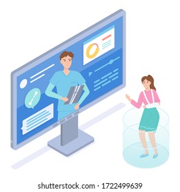 Isometric computer display with website. Woman patient with broken hand in gypsum consulting with sawbones, surgeon through online medical cabinet. Concept of online virtual medicine at distance