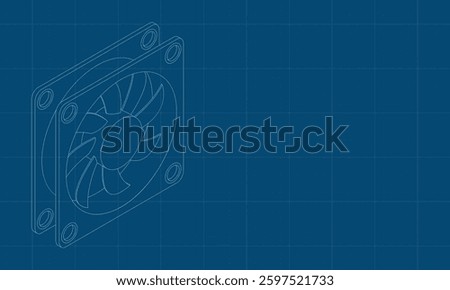 Isometric computer fan blueprint. Computer fan cooler. Isometric of PC case fan. Computer hardware components. Vector illustration