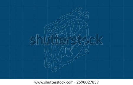 Isometric computer fan blueprint. Computer fan cooler. Isometric of PC case fan. Computer hardware components. Vector illustration