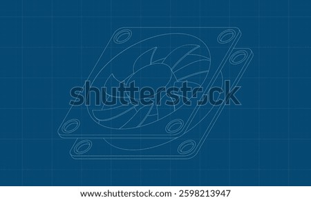 Isometric computer fan blueprint. Computer fan cooler. Isometric of PC case fan. Computer hardware components. Vector illustration