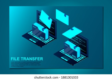 Isometric computer file transfer vector. Two Laptop computers with folders send and upload documents. Vector illustration.