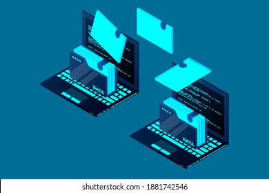 Isometric computer file transfer vector. Two Laptop computers with folders send and upload documents. Vector illustration.