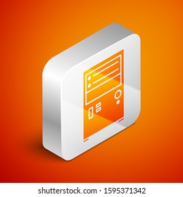 Isometric Computer icon isolated on orange background. PC component sign. Silver square button. Vector Illustration