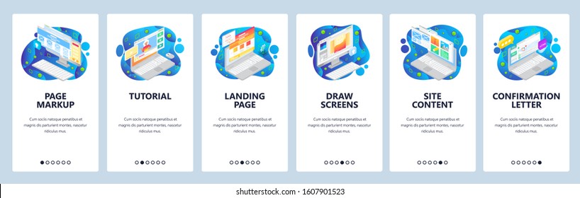 Isometric computer icons, landing page and site wireframe. Mobile app onboarding screens. Menu vector banner template for website and mobile development. Web site design flat illustration.