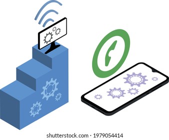 isometric computer icons with wifi and modern smartphone with call acceptance icon isolated on white background