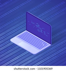 Isometric computer illustration. Software development and programming. Artificial intelligence and machine learning. Background stream of encoded data.