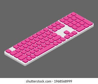 Isometric Computer keyboard icon with pink keycaps. Isolated on gray background.