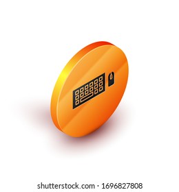 Isometric Computer keyboard and mouse icon isolated on white background. PC component sign. Orange circle button. Vector Illustration